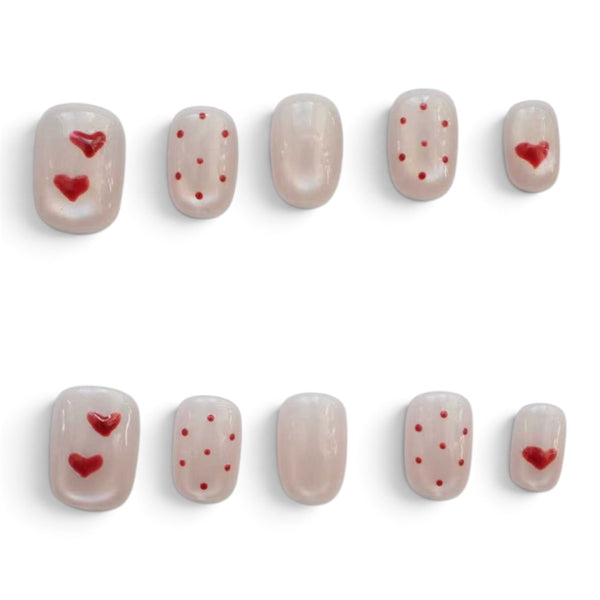 Press-on Nail |French Romantic Heart Print Style |Short Oval Shape