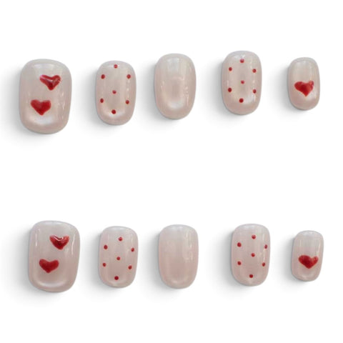 Press-on Nail |French Romantic Heart Print Style |Short Oval Shape