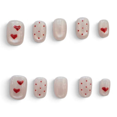 Press-on Nail |French Romantic Heart Print Style |Short Oval Shape