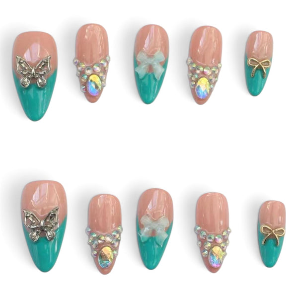 Press-on Nail | Y2K Turquoise French V-Tip Style | Almond Shape