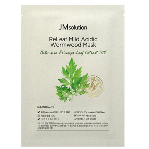 JM solution ReLeaf Mild Acidic Wormwood Mask packaging with green leaf illustration on a beige background