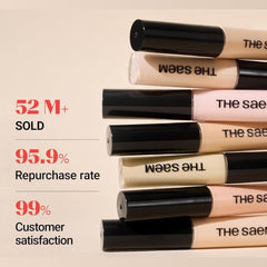 Cosmetic products with The Saem branding and statistics on a beige background