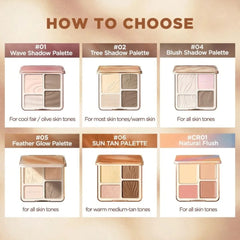 A shade guide graphic titled 'HOW TO CHOOSE' showing six makeup palettes with shade options labeled #01 Wave Shadow Palette, #02 Tree Shadow Palette, #04 Blush Shadow Palette, #05 Feather Glow Palette, #06 Sun Tan Palette, and #CRO1 Natural Flush, each with skin-tone recommendations.- • How to use Judydoll matte lavender powder to brighten yellow undertones and dark circles-THE COSMETIC STORE NZ.