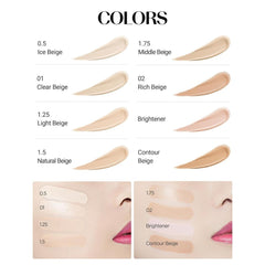 Color swatches of a cosmetic product with labels on a white background