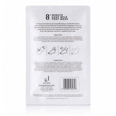 Back view of a Joma Rose 8-Minute Goat Milk Foot Mask packaging with text and icons.