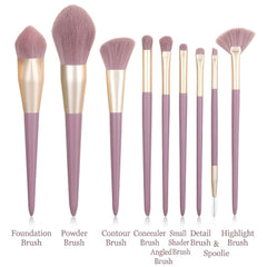 Set of makeup brushes with purple handles and gold ferrules -9-Piece Ube Purple Makeup Brush Set with Matching Pouch-THE COSMETIC STORE NZ