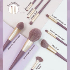 Set of makeup brushes with labels -9-Piece Makeup Brush Set with Purple Brush Pouch [Ube Purple]-THE COSMETIC STORE NZ