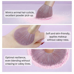 Makeup brush with text highlighting its features - 9-Piece Makeup Brush Set with Purple Brush Pouch [Ube Purple]-THE COSMETIC STORE NZ