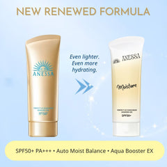 Two Anessa sunscreen products with text highlighting new formula and benefits on a light blue background.