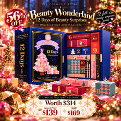 Beauty Wonderland 12 Days of Beauty Surprises advent calendar set in a festive Christmas scene, with the blue outer box, open inner compartment showing numbered doors, and several smaller gift boxes around it. Promotional text overlays mention 56% off and limited holiday edition pricing.- Beauty Advent Calendar NZ 2026 | 12 Full-Size Asian Beauty-THE COSMETIC STORE NZ.
