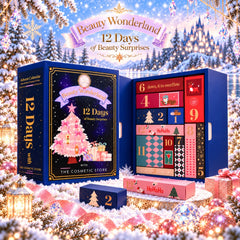 Beauty Wonderland 12 Days of Beauty Surprises advent calendar set in a festive Christmas village scene. The blue box is open, showing 12 numbered compartments with colorful illustrations, surrounded by ornaments, lights, and snow-covered trees.- Beauty Advent Calendar NZ 2026 | 12 Full-Size Asian Beauty-THE COSMETIC STORE NZ.