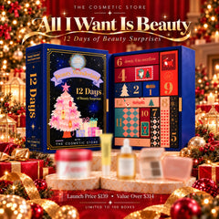 A festive Christmas-themed beauty advent calendar set displayed open, with multiple cosmetic bottles and tubes arranged in front on a pedestal. The calendar box is deep blue with illustrated panels showing numbered doors and a pink Christmas tree.- Beauty Advent Calendar NZ 2026 | 12 Full-Size Asian Beauty-THE COSMETIC STORE NZ.