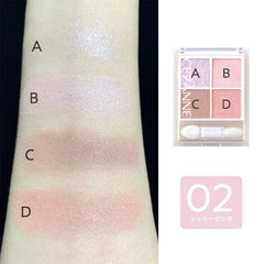 Four eyeshadow swatches labeled A, B, C, and D are shown on an arm alongside a four-color eyeshadow palette. The shades range from shimmery pale silver to shimmery pink and dusty rose.- CEZANNE Pale Tone 4-Color Eyeshadow Palette - 02 Sherry Pink Pale Color Light Pink Greige 4.3g-THE COSMETIC STORE NZ