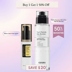 Two skincare products from COSRX on a gradient background with text about fine lines and wrinkles.-Cosrx skincare products with promotional text -MOTHER'S DAY BUY 1 GET 1 50% OFF
