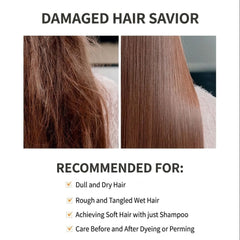 Before and after comparison of damaged hair with text 'Damaged Hair Savior' and recommended uses.