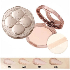 CANMAKE Marshmallow Finish Powder in a metallic rose gold compact, shown open with the powder pan and a dual-ended applicator puff. A color swatch strip at the bottom displays the four shades: ML, MO, MP, and MB.