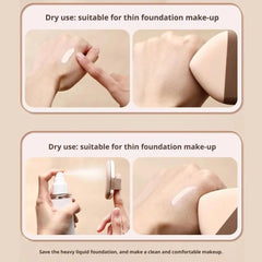Instructions for using a thin foundation product on skin with text indicating dry use suitability.- Caramel Milk Crust Mousse Powder Puff Set – [Double Headed Shape] 2pcs Boxed Pack-THE COSMETIC STORE NZ
