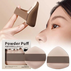 Powder puff with packaging and close-up of a person using it on their face-Caramel Milk Crust Mousse Powder Puff Set – [Double Headed Shape] 2pcs Boxed Pack-THE COSMETIC STORE NZ