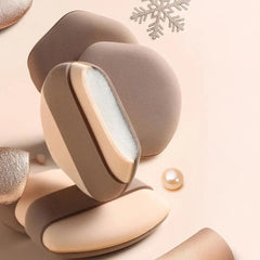 Makeup sponges with a pearl and snowflake decoration on a beige background-Caramel Milk Crust Mousse Powder Puff Set – [Double Headed Shape] 2pcs Boxed Pack-THE COSMETIC STORE NZ