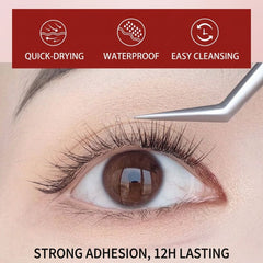 Close-up of an eye with false eyelashes, featuring quick-drying, waterproof, and easy cleansing properties.- THE COSMETIC STORE NZ