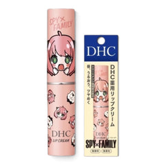 DHC Spy x Family lip cream shown with its pink illustrated tube and retail box on a white background.