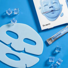 Blue skincare sheet mask with Dr.Jart+ packaging and hyaluronic acid tube-Dr. Jart+ Cryo Rubber Moisture Mask packaging with blue mask and cooling features.-the cosmetic store nz