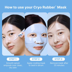 Instructions on how to use a Cryo Rubber Mask with three steps shown.-Dr. Jart+ Cryo Rubber Moisture Mask packaging with blue mask and cooling features.-the cosmetic store nz