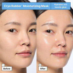 Before and after comparison of a Cryo Rubber Moisturising Mask on a person's face.