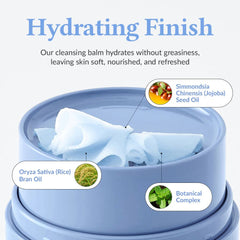 Cleansing balm in a blue container with ingredients listed on a white background