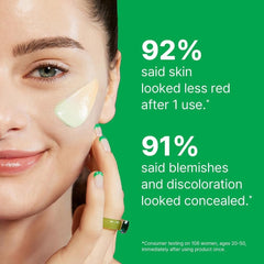 Advertisement showing a woman applying a skincare product with statistics on its effectiveness.