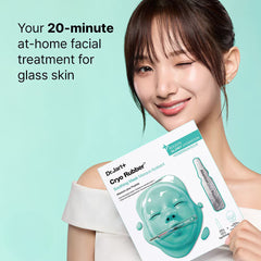 Woman holding a Dr.Jart+ Cryo Rubber mask with text about a 20-minute at-home facial treatment -Dr. Jart Cryo Rubber™ Soothing Face Mask with Allantoin | THE COSMETIC STORE 