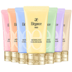 Six tubes of Elegance Paris Modeling Color Base in pastel shades of pink, peach, blue, yellow, green, purple, and beige, arranged in a row against a white background.
