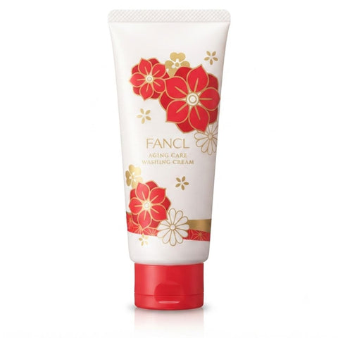 FANCL Aging Care Antioxidant Exfoliating Cleansing Cream[ Limited Edition] -THE COSMETIC STORE NZ-  A squeeze tube of FANCL Aiding Care Washing Cream on a white background. The tube is white with red and gold floral designs and a red cap.
