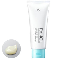 FANCL Acne Care Washing Cream in a white squeeze tube with a light blue cap, shown next to a circular inset displaying a dollop of the creamy product.