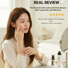 Woman applying skincare product with text about skin improvement and product usage-Fine Lines & Wrinkles Top Fave Set | Peptide Anti-Aging Duo -THE COSMETIC STORE NZ