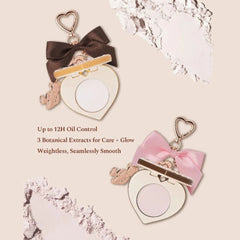Two heart-shaped compact mirrors with decorative bows - Flower Knows Sweetie Bear Mini Setting Powder 01 Cocoa lightweight setting powder