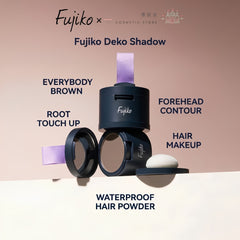 Fujiko Deko Shadow waterproof hair makeup set shown with multiple black cylindrical containers, circular mirror lids, a lavender ribbon, and a white powder stick on a beige and white background with text callouts. Fujiko Deko Shadow Hairline Powder -Everybody Brown 4g  -THE COSMETIC STORE NZ