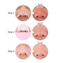 Before and after showing the application of a skincare product on a nose, with cartoon pig icons indicating steps.