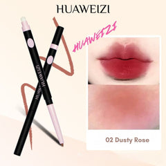 Two lip pencils with 'HUWEIZI' branding and a close-up of lips wearing the '02 Dusty Rose' shade.