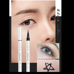 Eyeliner product with close-up of application on eye and comparison with white color. -Huawenzi Colorful Lasting Eye Opening Liner BLACK -THE COSMETIC STORE NZ