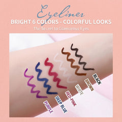Eyeliner swatches in various colors on a arm with text indicating the color names.-Huawenzi Colorful Lasting Eye Opening Liner BLACK -THE COSMETIC STORE NZ