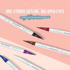 Eyeliner pens with colored tips on a pink background, featuring text about one-stroke outline and big-open eyes. - Huawenzi Colorful Lasting Eye Opening Liner -THE COSMETIC STORE NZ