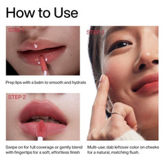 Instructional graphic titled 'How to Use' showing three steps for applying a lip balm or lip color: prep lips with balm, swipe on for coverage, and multi-use on cheeks with fingertips. The panels include close-up views of lips and a woman's face.- INTO YOU SHERO SUPER MATTE LIP&CHEEK MUD 2G-EM08 BROWN-TAUPE/ BRICK RED NUDE-The Cosmetic Store