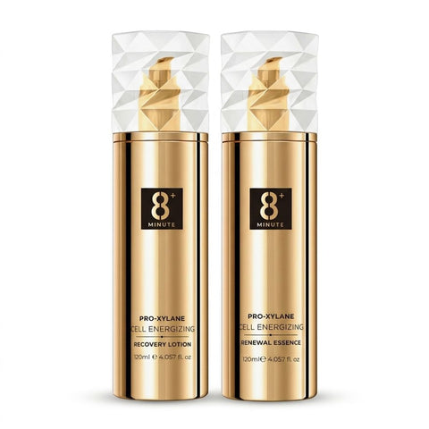 JEMA ROSE 8+ MINUTE PRO-XYLANE GLOW DUO | ESSENCE +LOTION SET 120ML+120ML- Two gold skincare bottles with diamond-like caps -THE COSMETIC STORE NZ