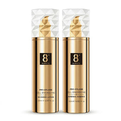 JEMA ROSE 8+ MINUTE PRO-XYLANE GLOW DUO | ESSENCE +LOTION SET 120ML+120ML- Two gold skincare bottles with diamond-like caps -THE COSMETIC STORE NZ