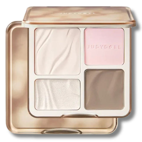 Judydoll four-pan makeup palette in a champagne gold compact, featuring a shimmering light beige, a soft pink, a bright pearl white, and a warm taupe shade.- Judydoll 2 IN 1 Highlighter Contour Palette 04 Blush Shadow showing matte pink and ash grey powder-THE COSMETIC STORE NZ