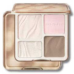 Judydoll four-pan makeup palette in a champagne gold compact, featuring a shimmering light beige, a soft pink, a bright pearl white, and a warm taupe shade.- Judydoll 2 IN 1 Highlighter Contour Palette 04 Blush Shadow showing matte pink and ash grey powder-THE COSMETIC STORE NZ