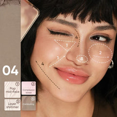 Close-up of a woman's face with makeup contouring and shimmery highlighter applied, overlaid with numbered dashed lines indicating facial areas. A sidebar on the left shows shade labels '04 Pop mid-face', 'Layer shimmery', and 'Complexion boost'.- Judydoll 2 in 1 palette 04 blush shadow expanding pink and nose contour arm swatches-THE COSMETIC STORE NZ.