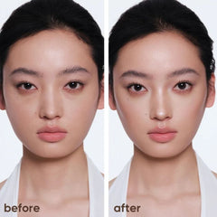 Before and after comparison of a person's face with visible makeup application.- Judydoll 2 in 1 palette 04 blush shadow expanding pink and nose contour arm swatches-THE COSMETIC STORE NZ.
