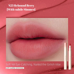 Lipstick with a close-up of lips wearing the shade N23 Rebound Berry -JUDYDOLL Cushion Matte Lock Lip Cream - N23 Rebound Berry [With subtle Simmer]-THE COSMETIC STORE NZ